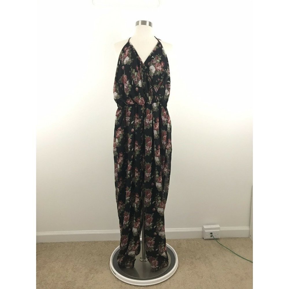 Tobi Womens Medium Jumpsuit Chiffon Floral Black Red Halter Faux Wrap‎ NWT
